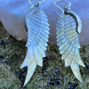Hand Carved Shell & Silver Guardian Wing Earrings