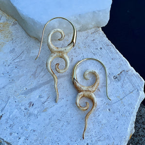 Hand-Carved Dark Bone & Brass River Goddess Earrings