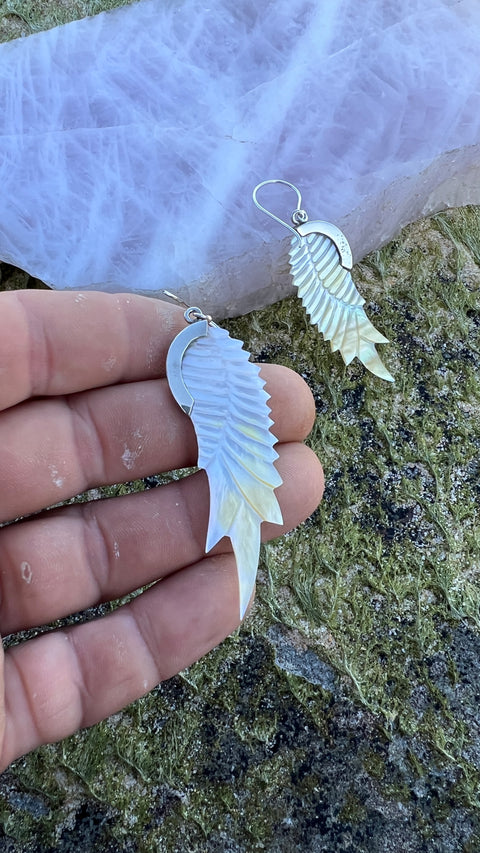 Hand Carved Shell & Silver Guardian Wing Earrings