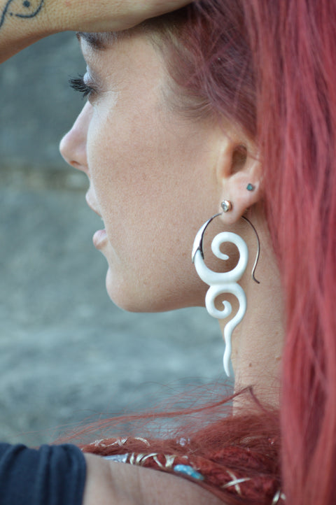 Hand Carved Bone & Silver River Goddess Earrings