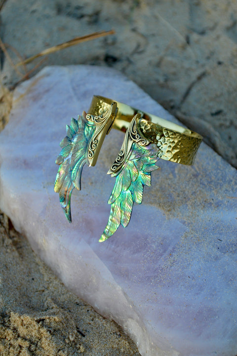 Hand Carved Paua Shell Angel Wing Bracelet