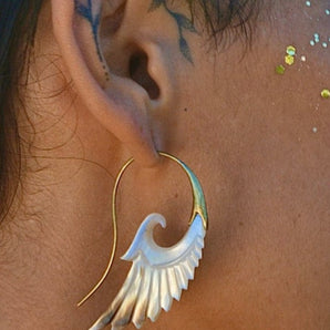 Hand carved Shell Wing Earrings.  Brass earrings