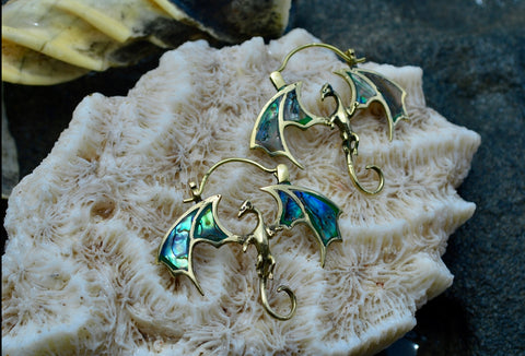 Brass & Paua Shell Dragon Earrings