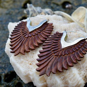 Silver & Wood Phoenix Feather Earrings