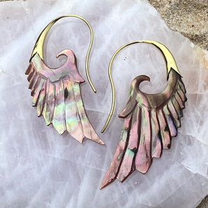 Stunning Hand Carved Shell & Brass Phoenix Earrings
