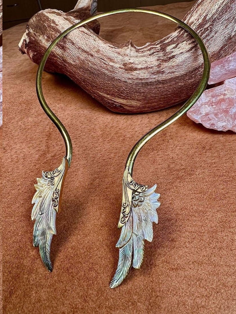 Hand Carved Abalone Shell & Brass Angel Wings Necklace