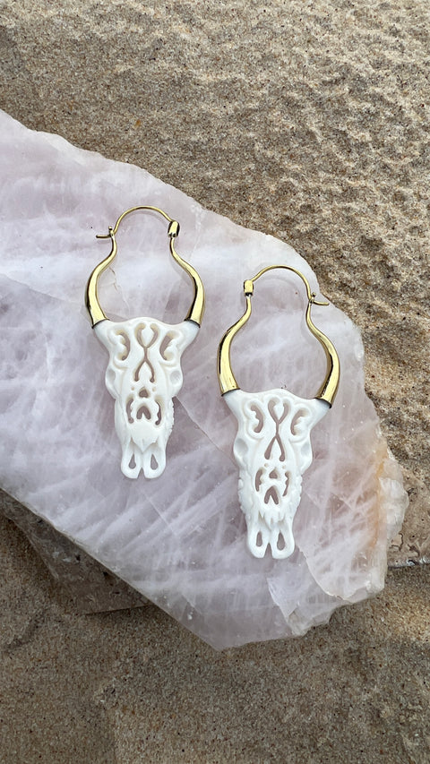 Hand Carved Bone & Brass Tribal Bull Earrings