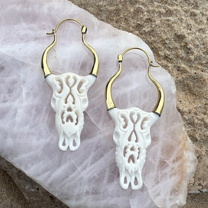 Hand Carved Bone & Brass Tribal Bull Earrings