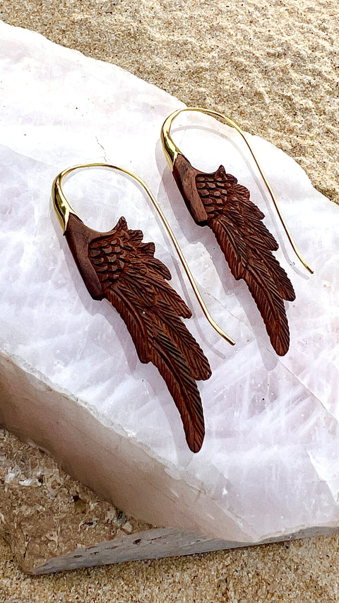 Hand Carved Redwood & Brass Earrings