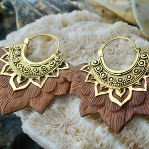 Brass & Wood Fan Earrings
