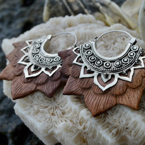 Silver & Wood Fan Earrings