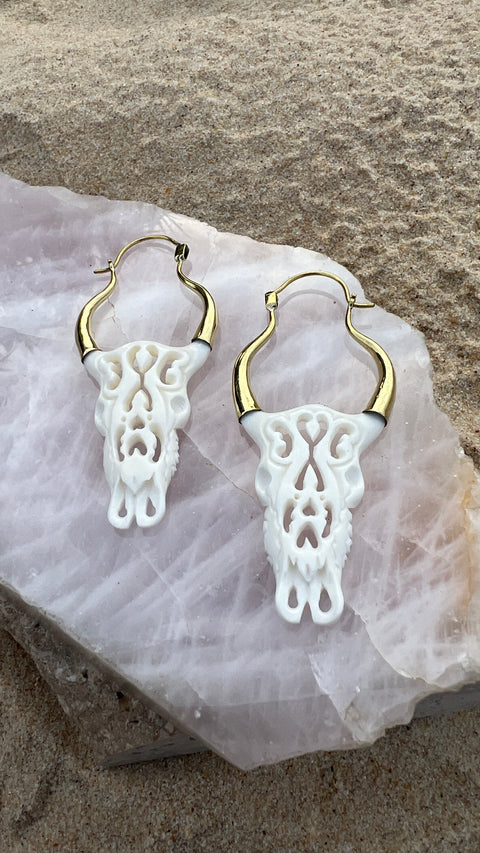 Hand Carved Bone & Brass Tribal Bull Earrings