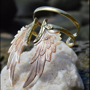 Hand Carved Shell & Brass Angel Wing Bracelet