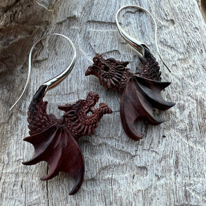 Wood & Silver Dragon Earrings
