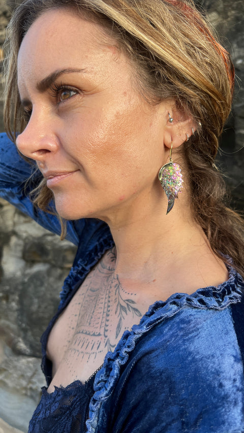 Hand Carved Paua Shell & Silver Phoenix Earrings