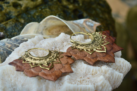 Brass & Wood Fan Earrings