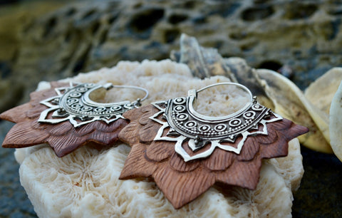 Silver & Wood Fan Earrings