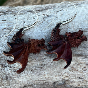 Wood & Silver Dragon Earrings