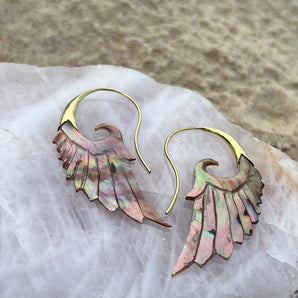 Stunning Hand Carved Shell & Brass Phoenix Earrings