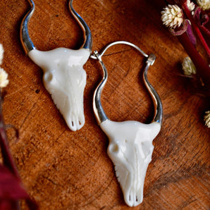Hand Carved Bone & Silver Bull Earrings