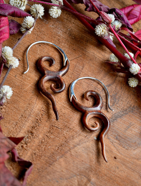 Hand Carved Wood and Sterling Silver River Goddess Earrings.