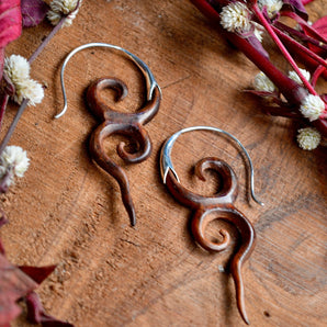 Hand Carved Wood and Sterling Silver River Goddess Earrings.