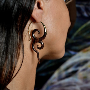 Hand Carved Wood and Sterling Silver River Goddess Earrings.