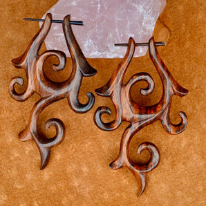 Hand Carved Tribal Wood Spike Earrings
