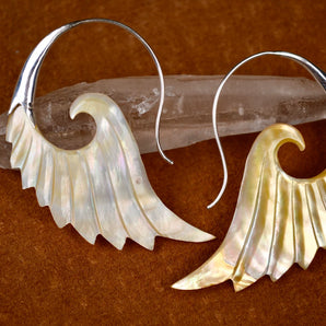 Hand Carved White Abalone Shell & Sterling Silver Sacred Wing Earrings.