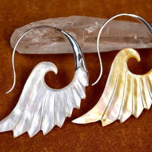 Hand Carved White Abalone Shell & Sterling Silver Sacred Wing Earrings.