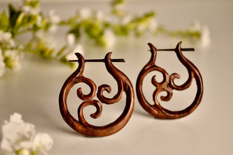 Hand Carved Wood Sacred Triple Swirl Earrings.