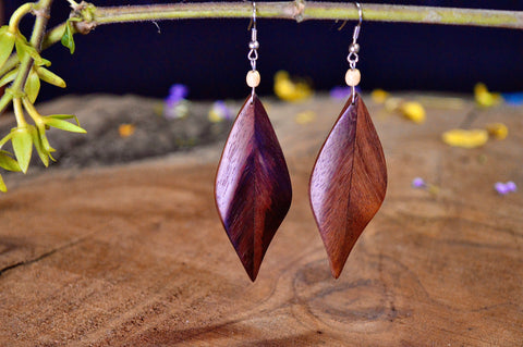 Hand Carved Leaf Wood Earrings