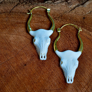 Hand Carved Bone and Brass Bull Earrings