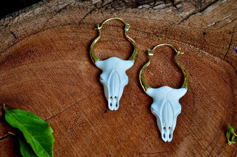 Hand Carved Bone & Brass Bull Earring