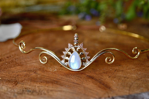 Brass & Rainbow Moonstone Elf Crown
