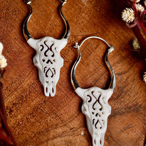 Hand Carved Bone & Silver Tribal Bull Earrings