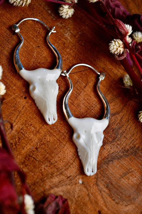 Hand Carved Bone & Silver Bull Skull Earrings.