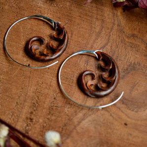 Hand Carved Redwood & Silver Earrings