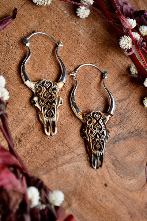 Hand Carved Bone & Silver Tribal Bull Earrings