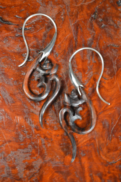 Hand Carved Wood & 925 Silver OM Earrings