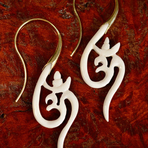 Hand Carved Bone and Brass Om Earrings.