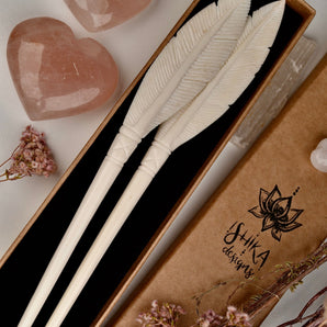 SPECIAL!! 2 Hand Carved Feather Hair-Pins