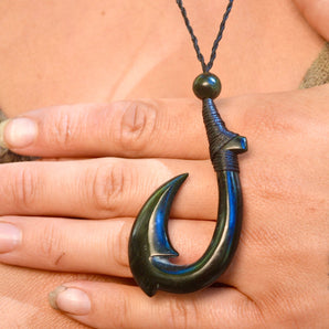 Hand Carved Green Jade Fish Hook Pendant