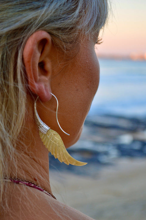 Hand Carved Shell & Silver Wing Earrings