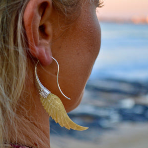 Hand Carved Shell & Silver Wing Earrings