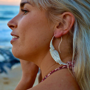 Hand Carved Shell & Silver Wing Earrings