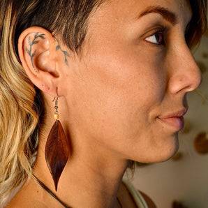 Hand Carved Leaf Wood Earrings