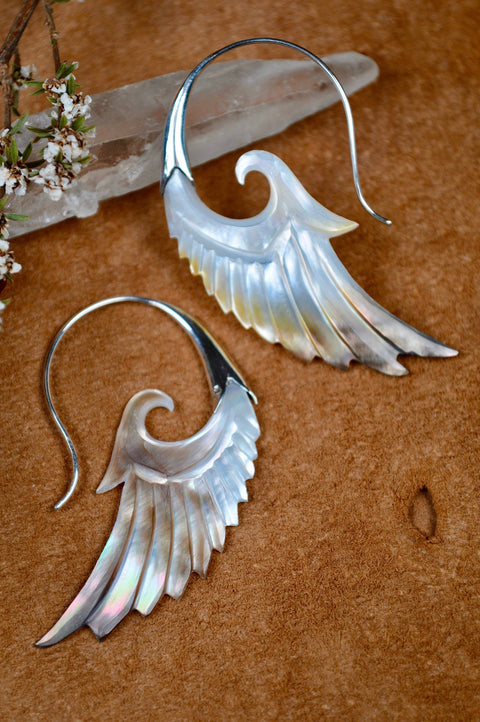 Hand Carved Shell & Sterling Silver Wing Earrings