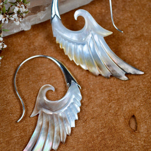 Hand Carved Shell & Sterling Silver Wing Earrings