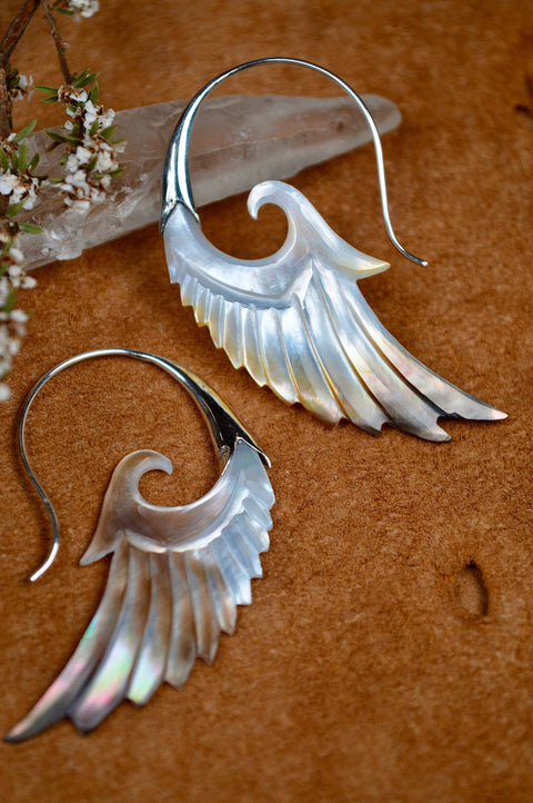 Hand Carved Shell & Sterling Silver Wing Earrings